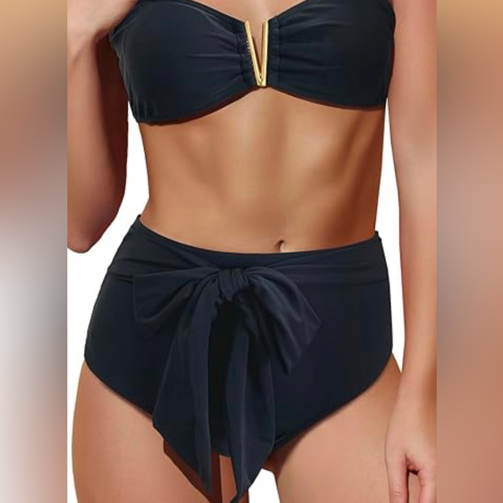 2 piece Black High-Waist Bikini with Front Tie - Women Swim